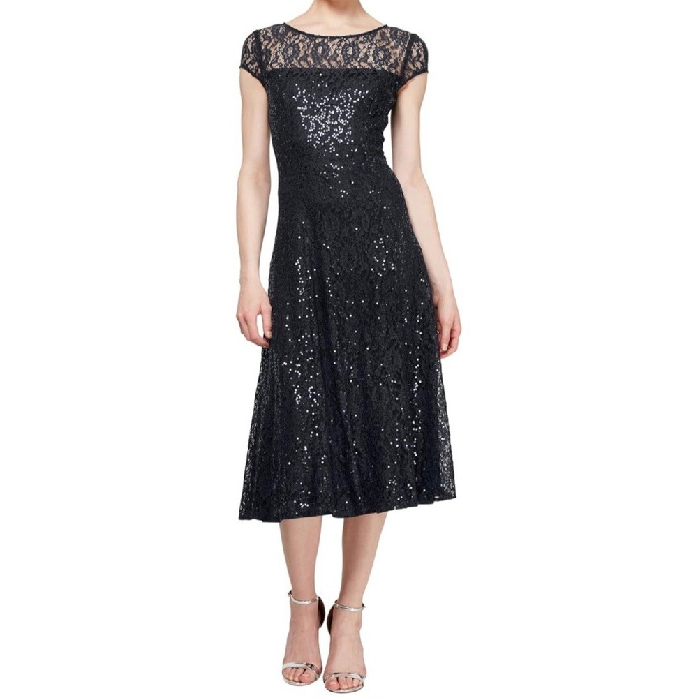 NWT S.L. Fashions Women's Short Sleeve Sequin and Lace Tea Length Dress Size 14P